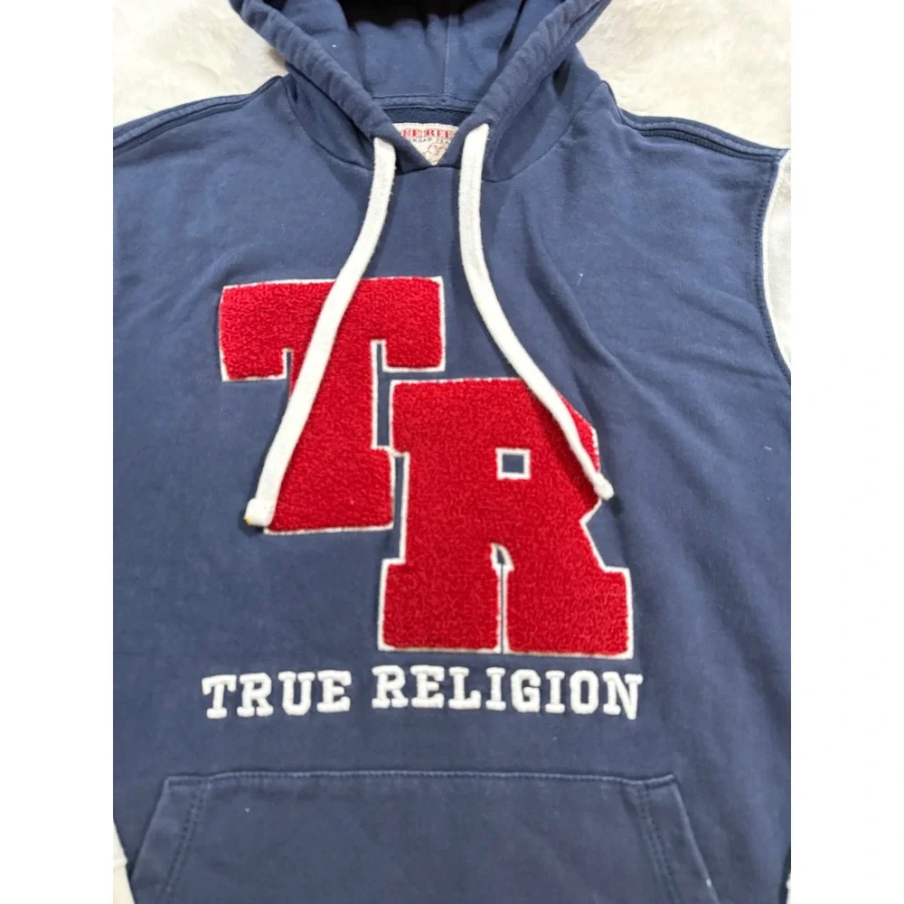 True Religion Hoodie Navy Blue S Varsity Chenille Patch Colorblock Skater Retro